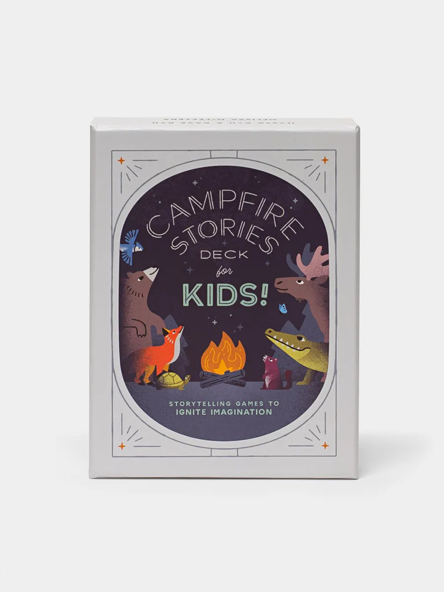 A card deck box titled 'Campfire Stories Deck for Kids' with illustrations of a sun, campfire, and various animals around a tree.