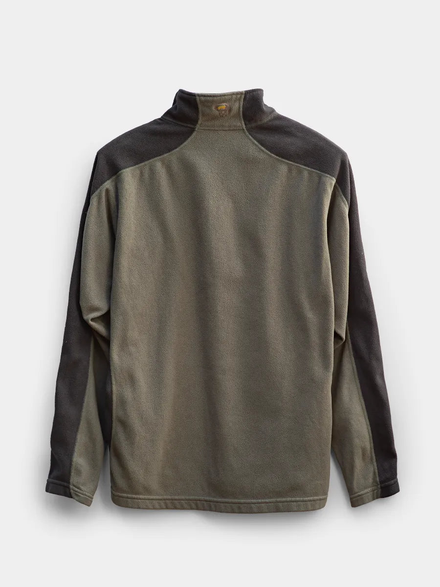 Back view of mountain hardwear fleece in olive and black color block