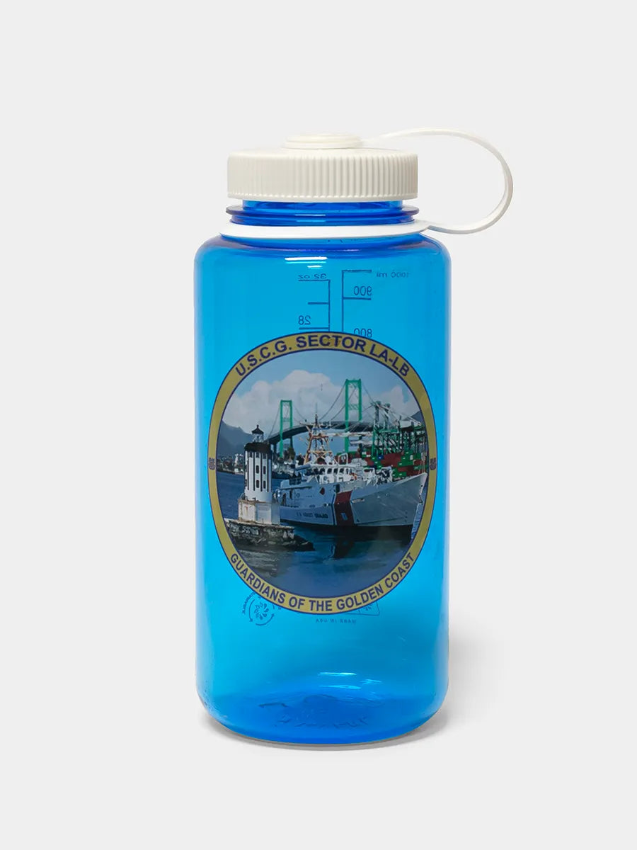 Blue water bottle with a large graphic and  white lid