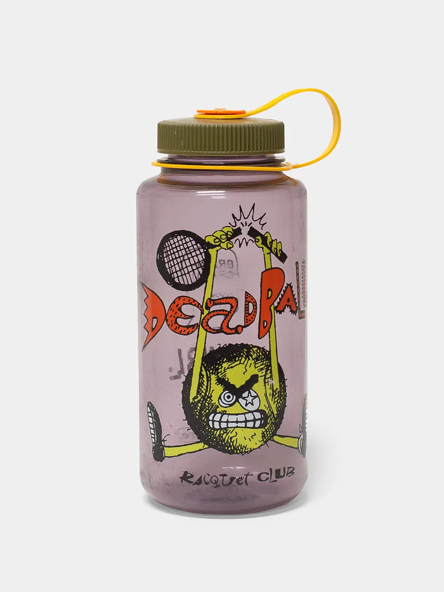 Purple water bottle with various stickers and green and yellow lid