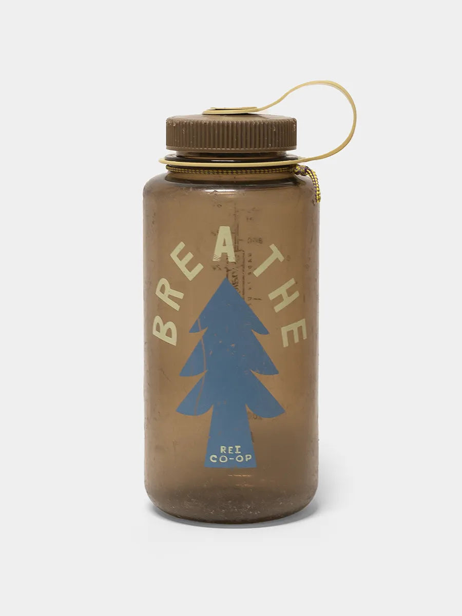 Brown water bottle with 'Breath' graphic and REI Co-op tree with brown lid