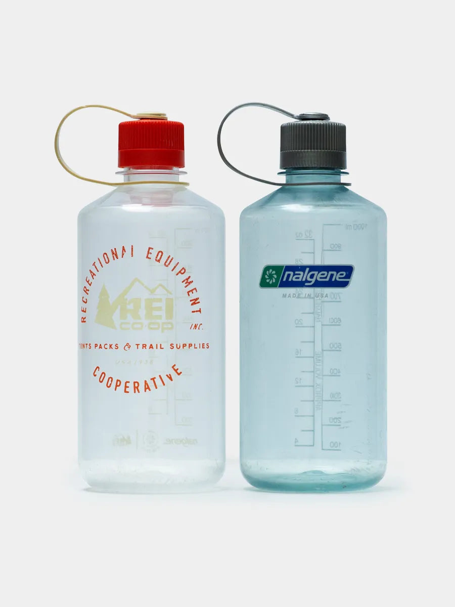 Orange REI Water bottle and blue Nalgene Narrow mouth
