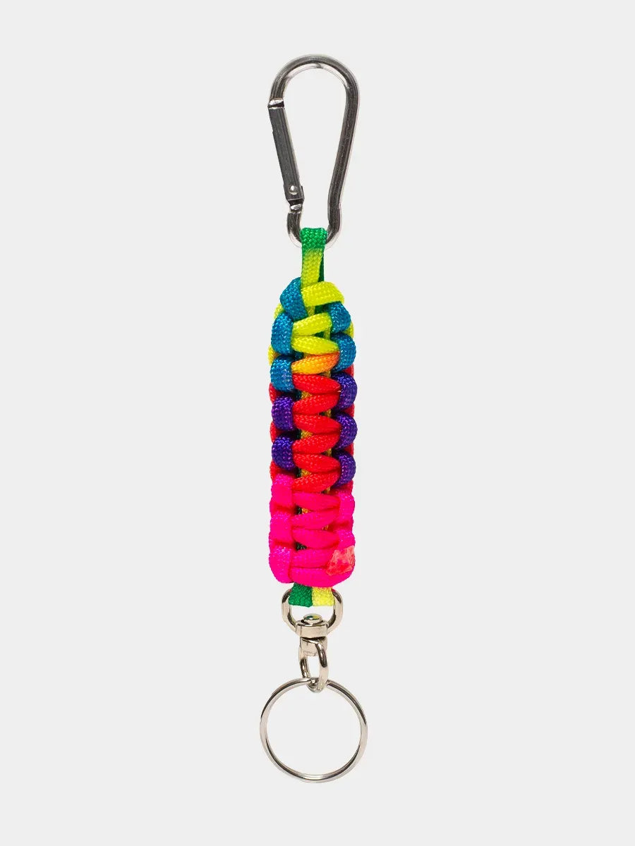 Upcycled paracord keychain with swivel ring and Carabiner in Prism multicolor.