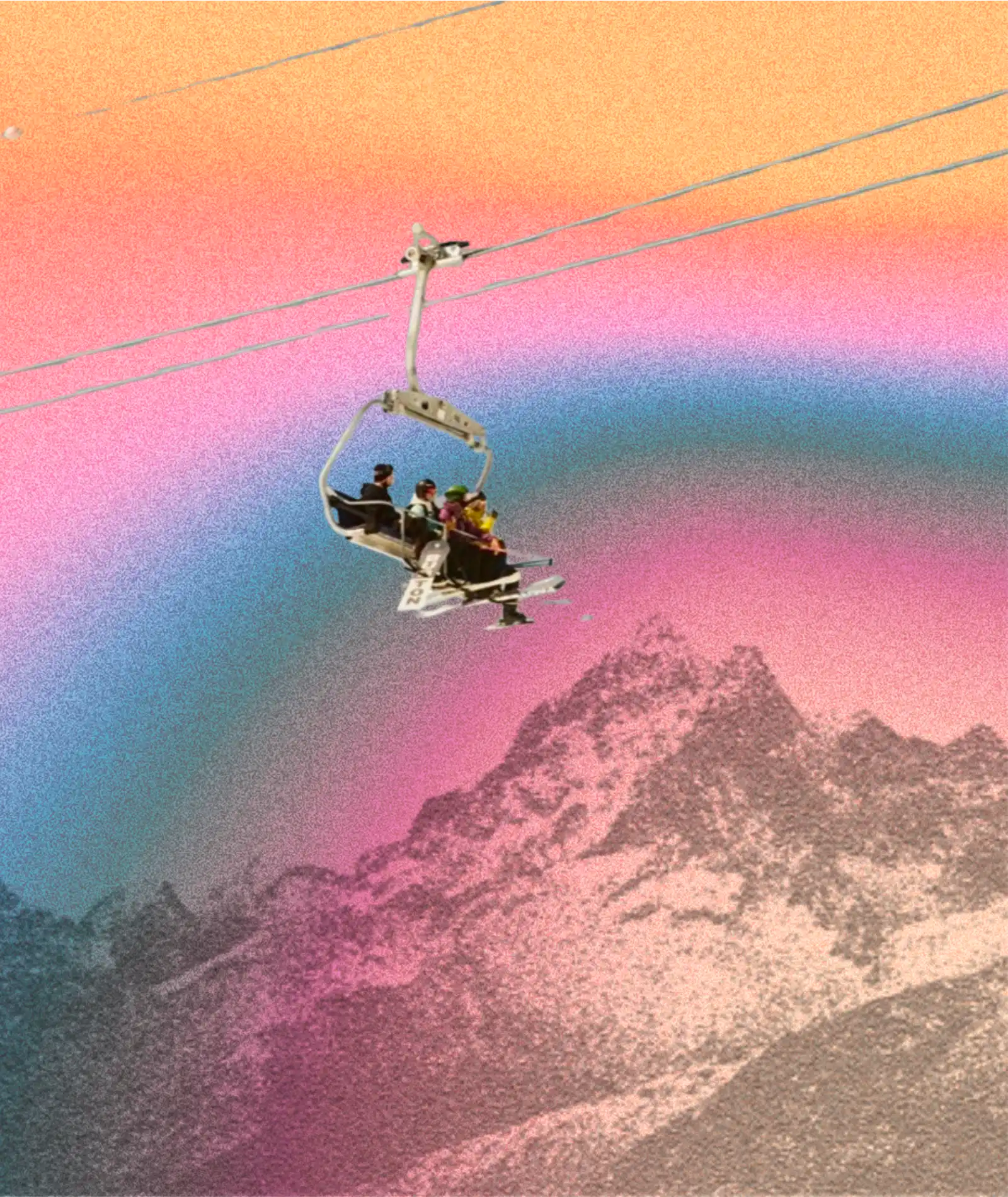 pink blue and orange gradient with mountain backdrop and skiers on a ski lift in foreground