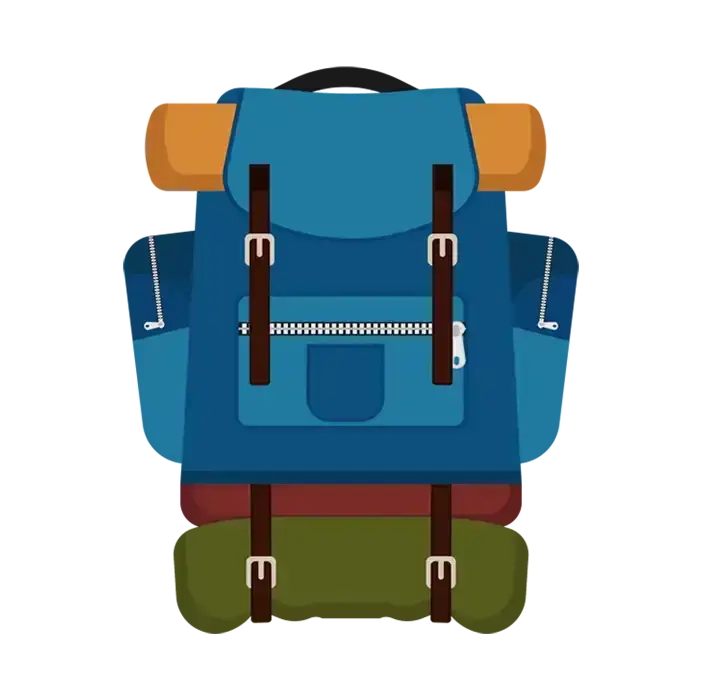 hiking backpack blue, pine, orange, maroon with brown trim and zippers.