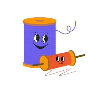blue spool of thread with mascot smiley face and orange spool of thread with mascot smiley face
