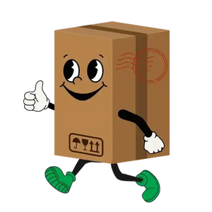 shipping box mascot character with green sneakers, giving a thumbs up