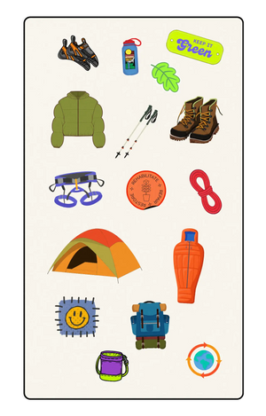 colorful assortment of outdoor gear stickers on white background