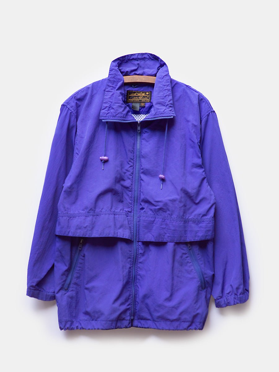 Vintage Eddie Bauer Parka -blue violet. View on vintage wooden hanger