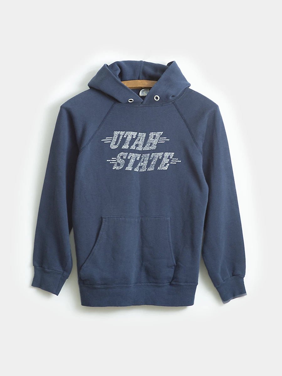 Vintage Utah State Hoodie in washed Navy. Front view