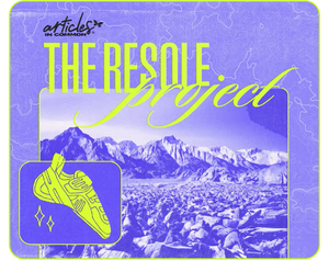 The Resole Project in wavy bold font over a holographic pink artwork and climbing shoe illustration