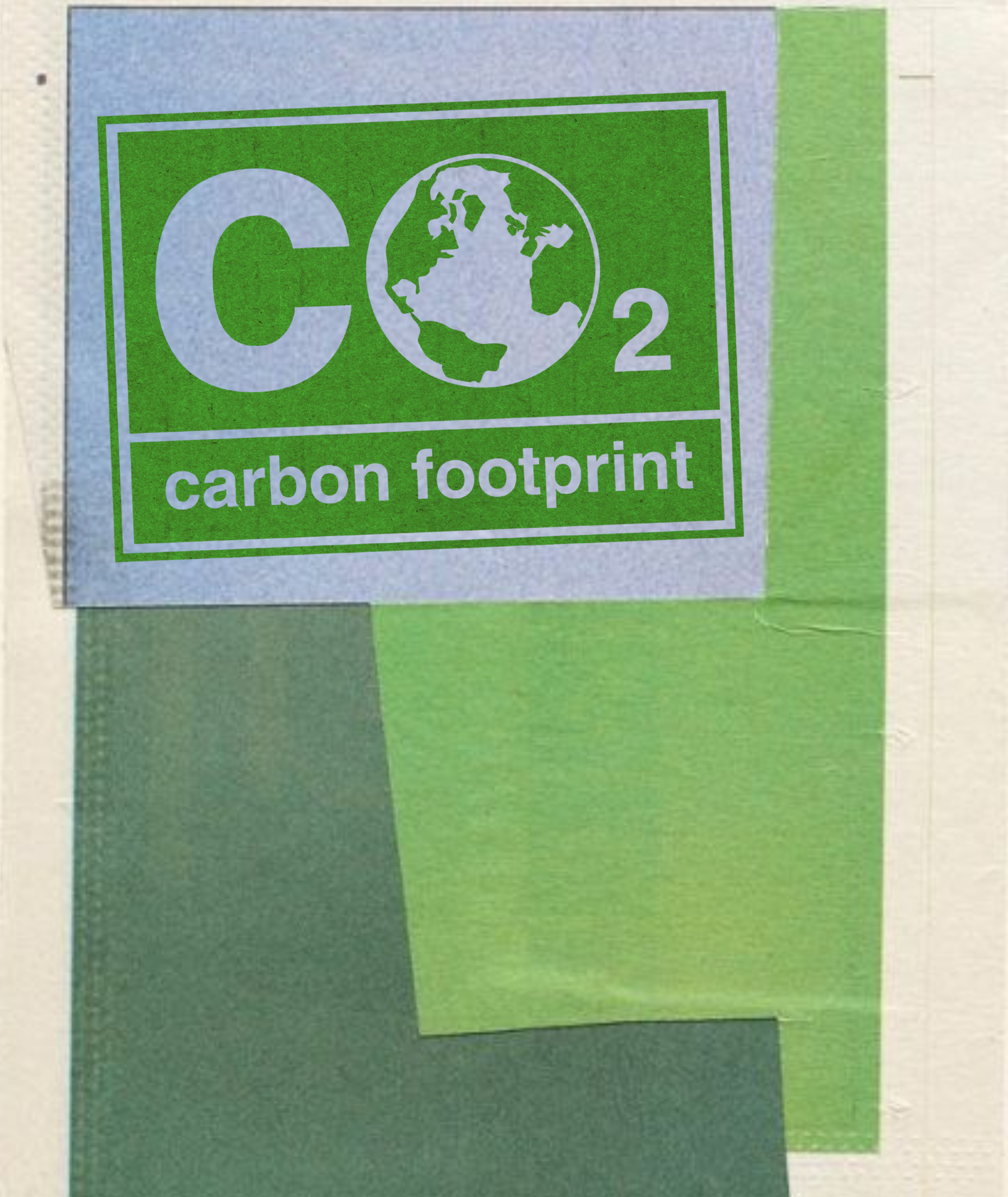 co2 carbon footprint graphic in green against a collage of blue and green paper