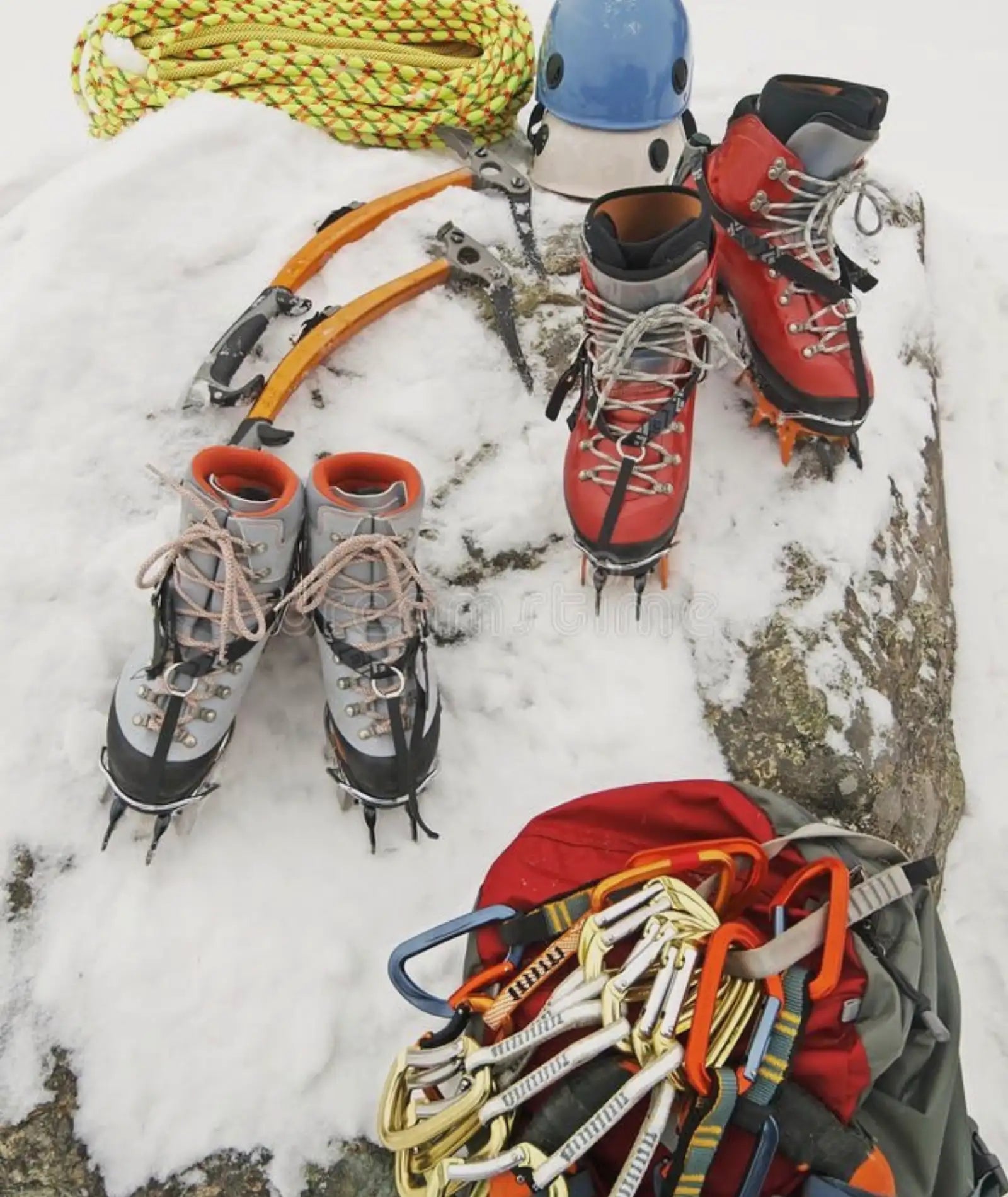 Mountaineering gear on snow pack
