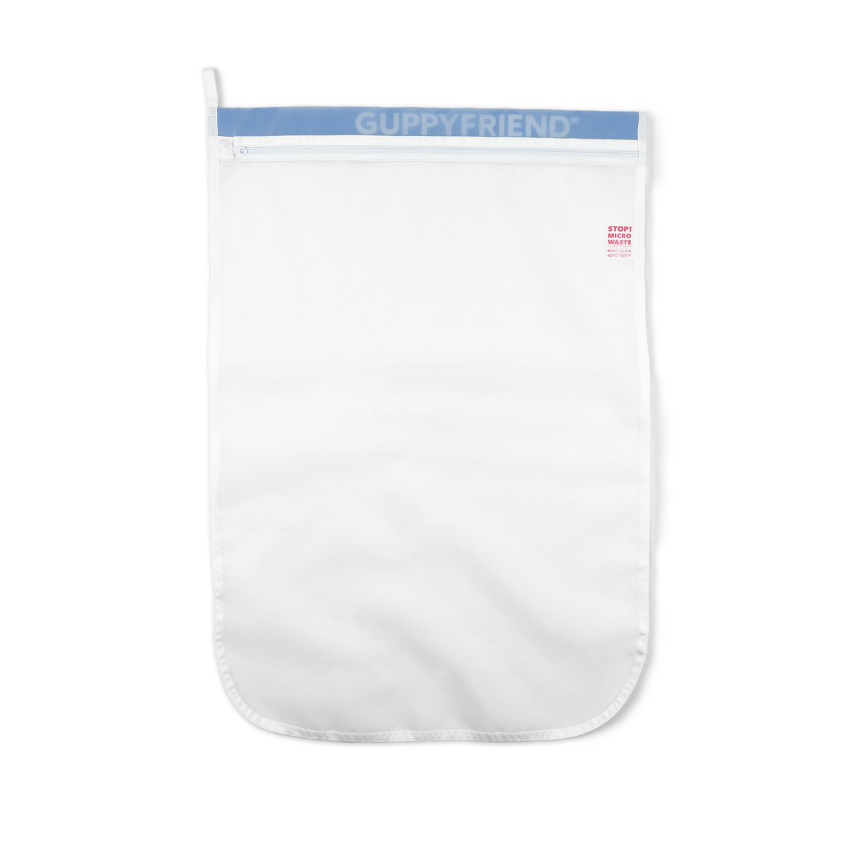A white Guppyfriend mesh washing bag with a blue-trimmed zipper opening.