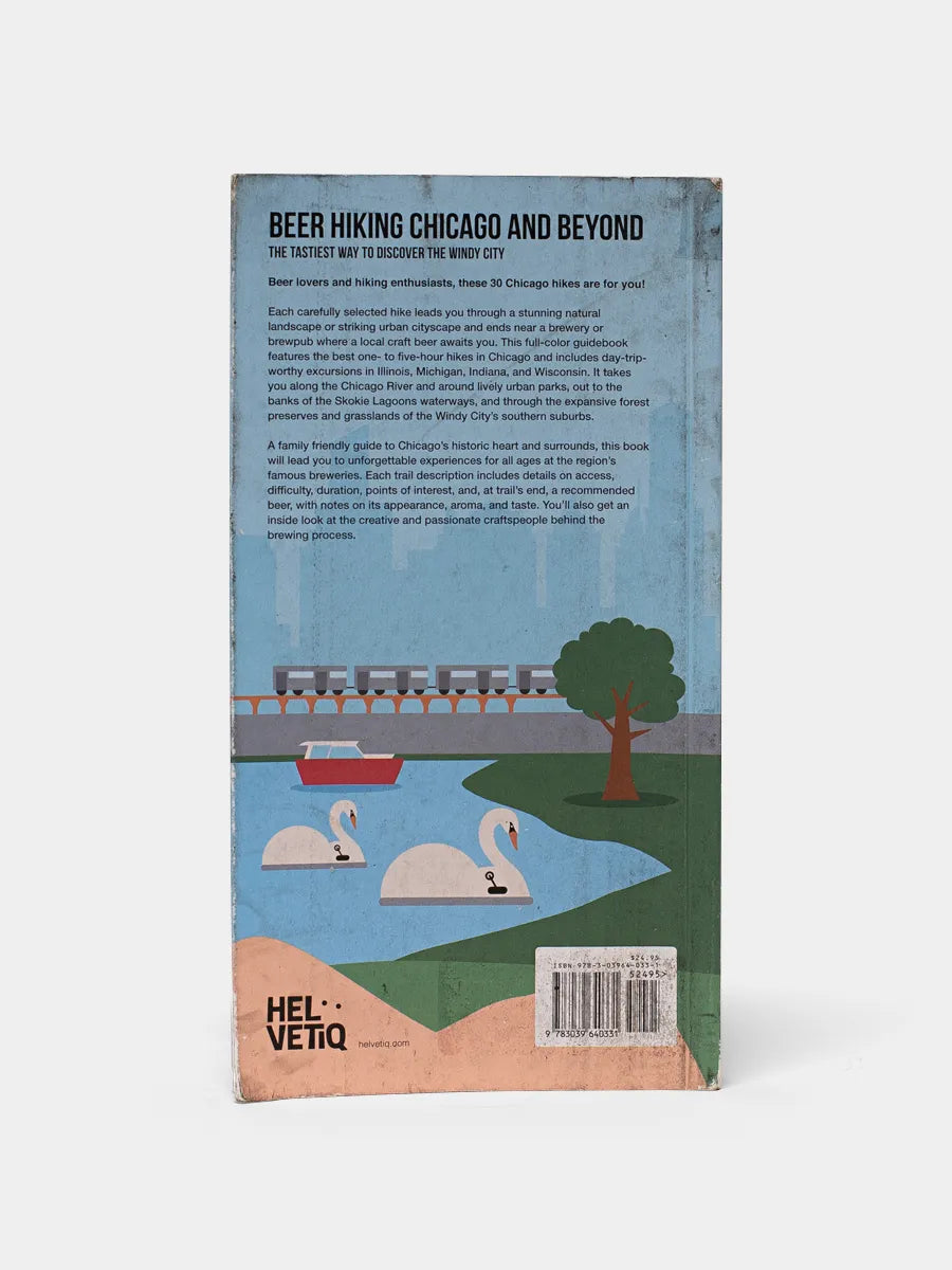 This image displays the back cover of a book titled "Beer Hiking Chicago and Beyond." The cover art features a charming and idyllic illustration of a serene lake scene with two individuals on a beer bike, a concept that combines cycling with enjoying beer.