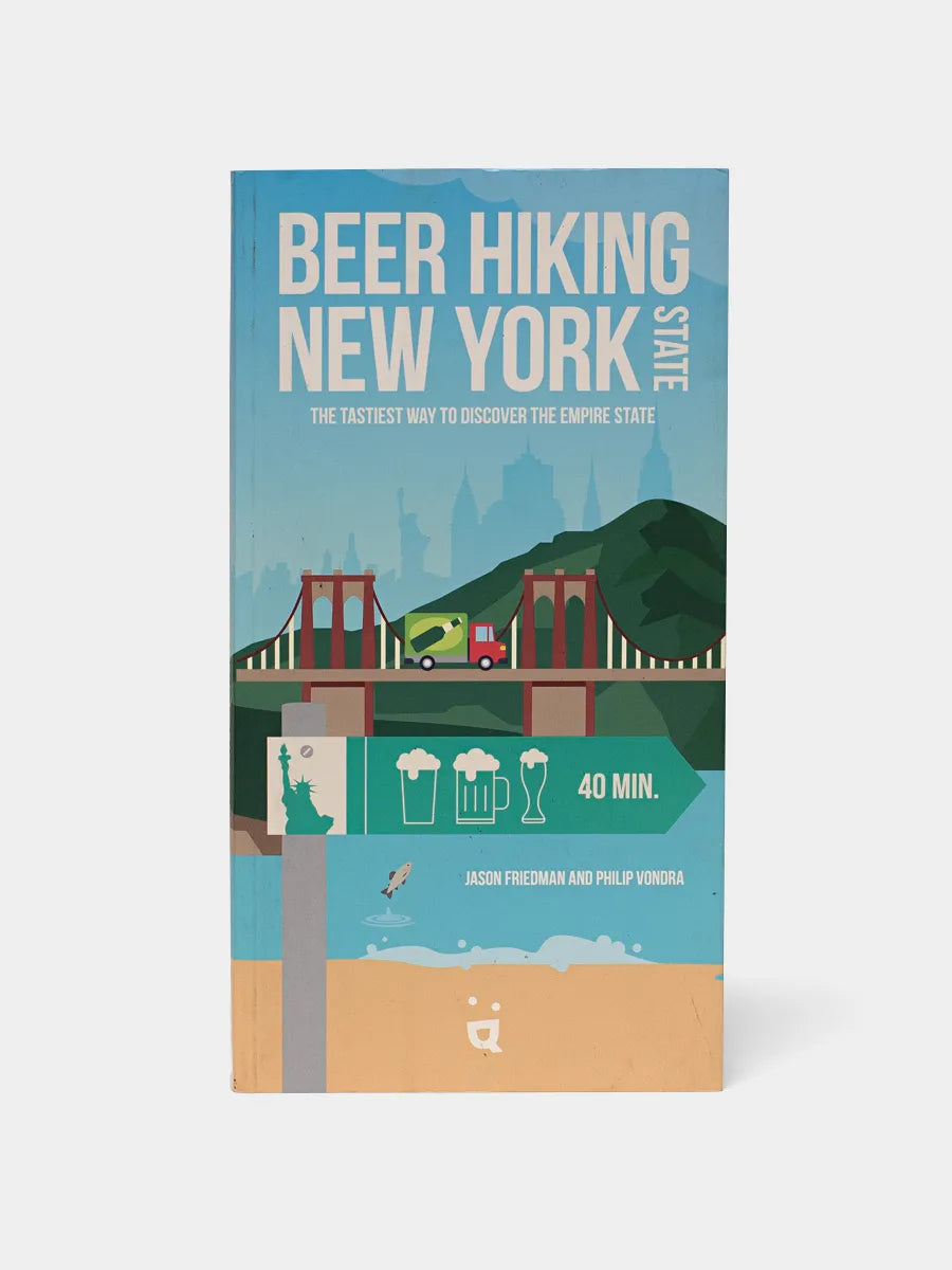 A book titled 'Beer Hiking New York' featuring an illustration of a bridge, trees, and beer glasses, indicative of a guide to craft beer locations in New York.
