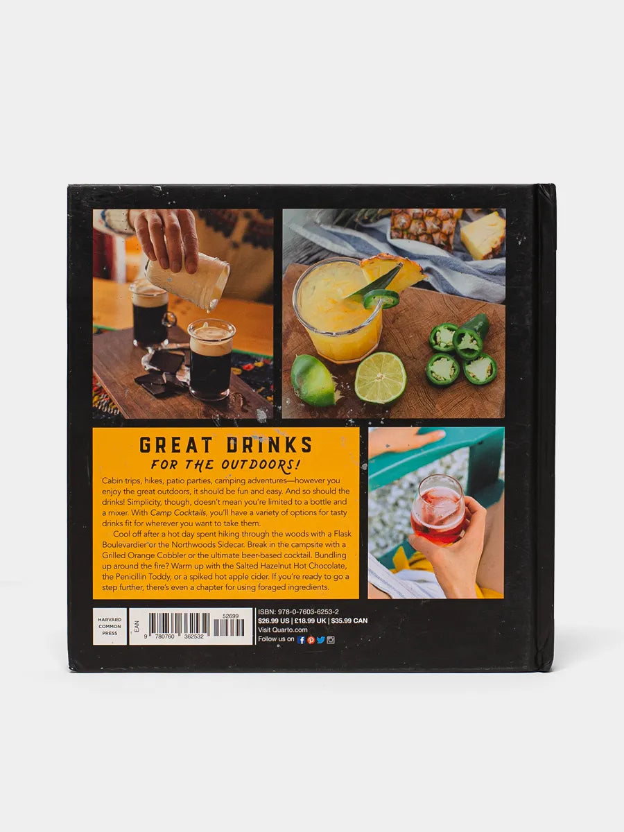 Back cover of “Camp Cocktails” shows a photo collage of drink preparation.