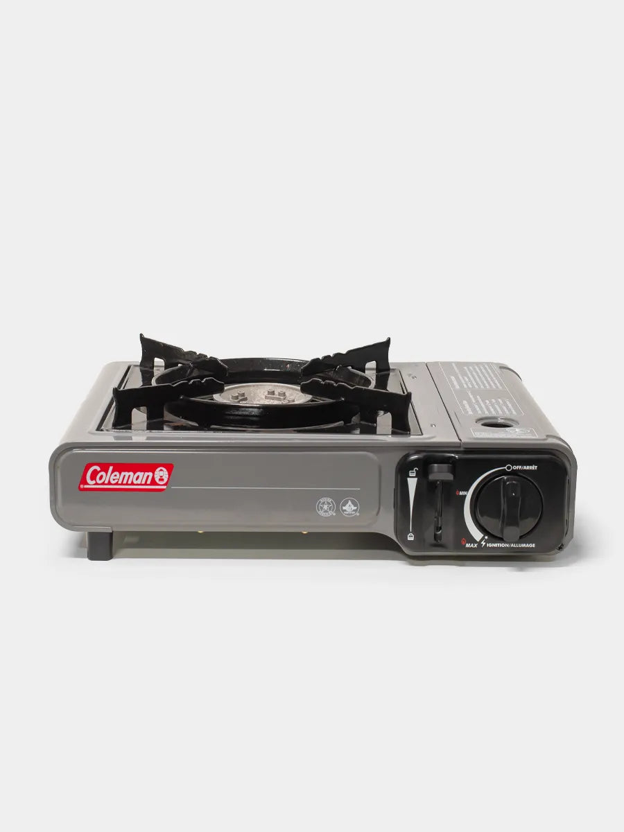 Coleman Classic 1-burner butane camping stove with push-button ignition and wind baffles