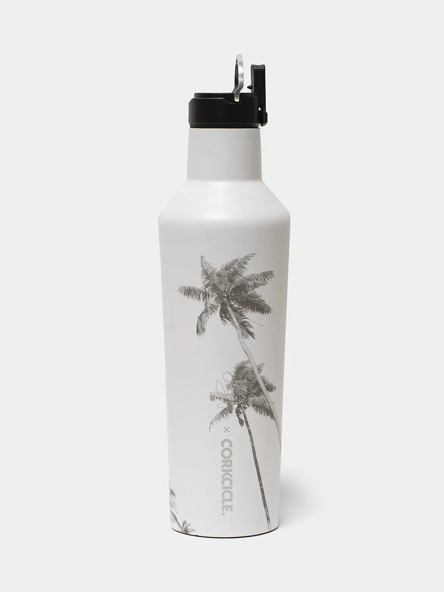 White water bottle with palm tree design and Corkcicle branding on a white background