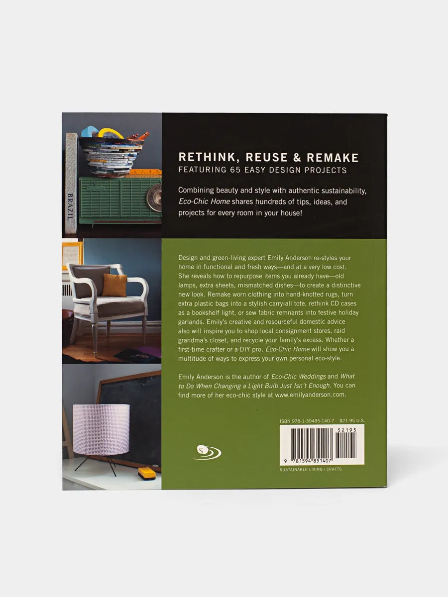 Back Book cover of 'Eco-Chic Home' featuring a stack of pillows with various fabrics.