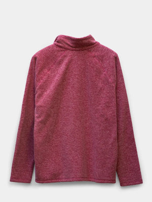 Backside view of strawberry pink fleece pullover on white background