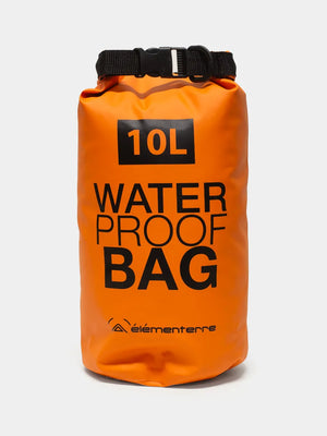 orange dry bag with black handle on white background