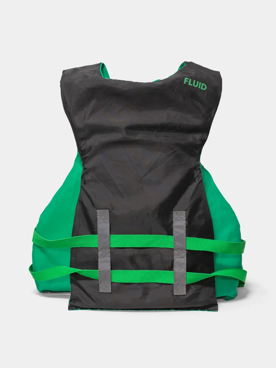Back view Black and Hi Visibiity Green Fluid Aquatics 3-buckle life vest with adjustable straps.