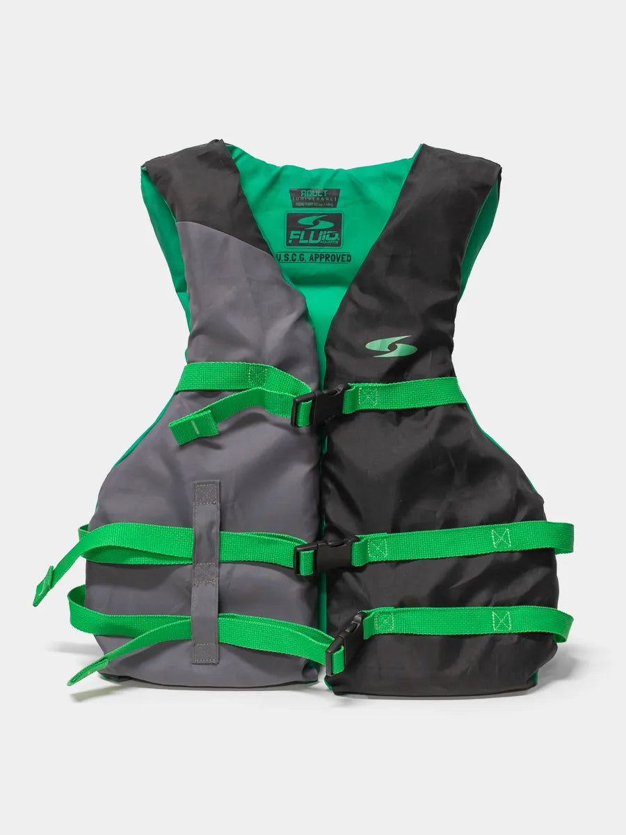 Front view Black and Hi Visibiity Green Fluid Aquatics 3-buckle life vest with adjustable straps.
