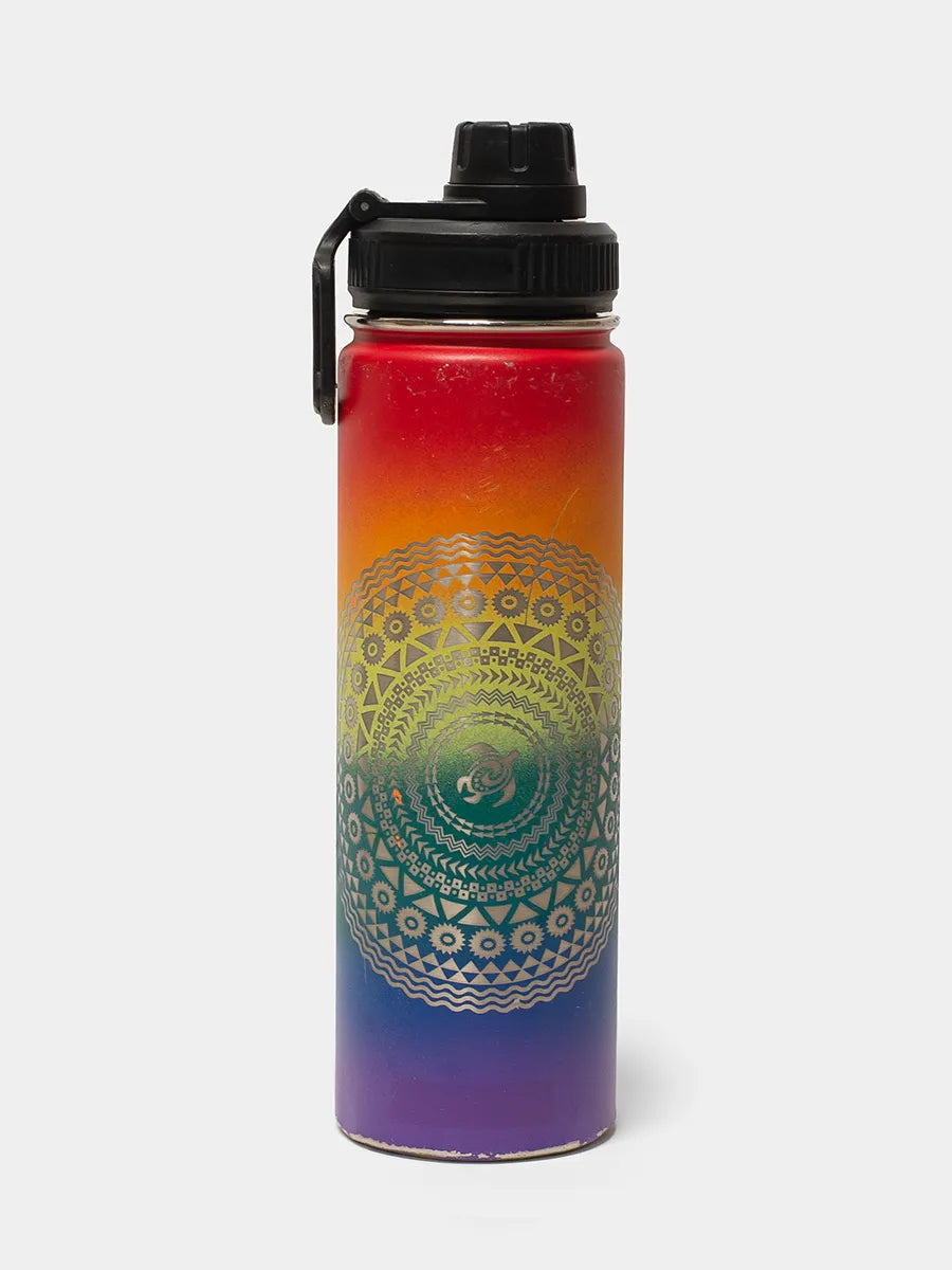 Hawaii Pacific Parks Multicolored stainless steel water bottle with black cap on a white background