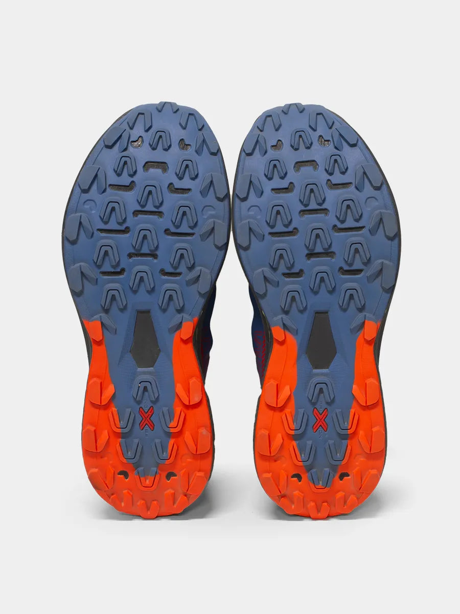 Bottom view of La Sportiva Prodigio shows red and blue soles.