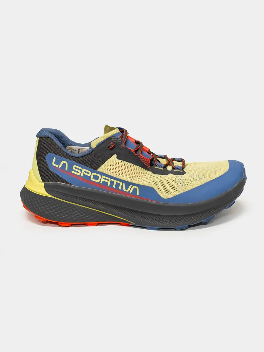 La Sportiva Prodigio Trail Running shoe in Yellow, Blue, and Black color palette. Image is of a single shoe side profile view on a white background.