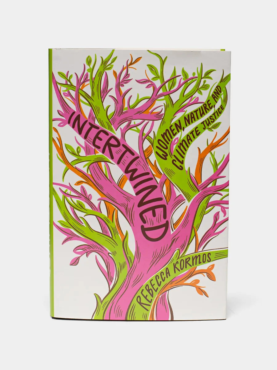 This image features a book titled "Intertwined" by Rebecca Kroner. The cover of the book is striking, showcasing a vivid and artistic illustration of a tree with intertwined branches in shades of pink, orange, and green.