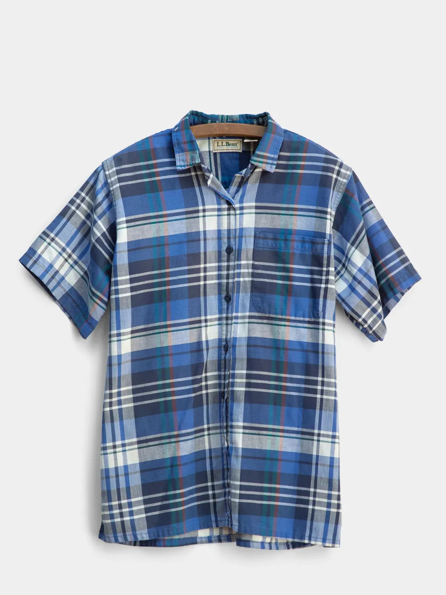 Front View of Women’s LL Bean Blue Plaid Short Sleeve Button Down Shirt CoolWeave