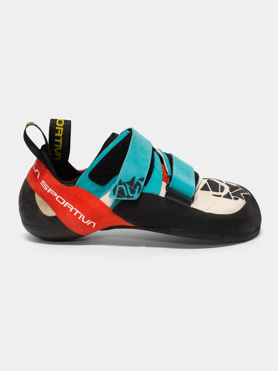 La Sportiva Otakie Blue Flame Side Profile View. Velcro Straps are a Turquoise Blue, White andd Black toe box, with a Red Ankle and La Sportiva logo.