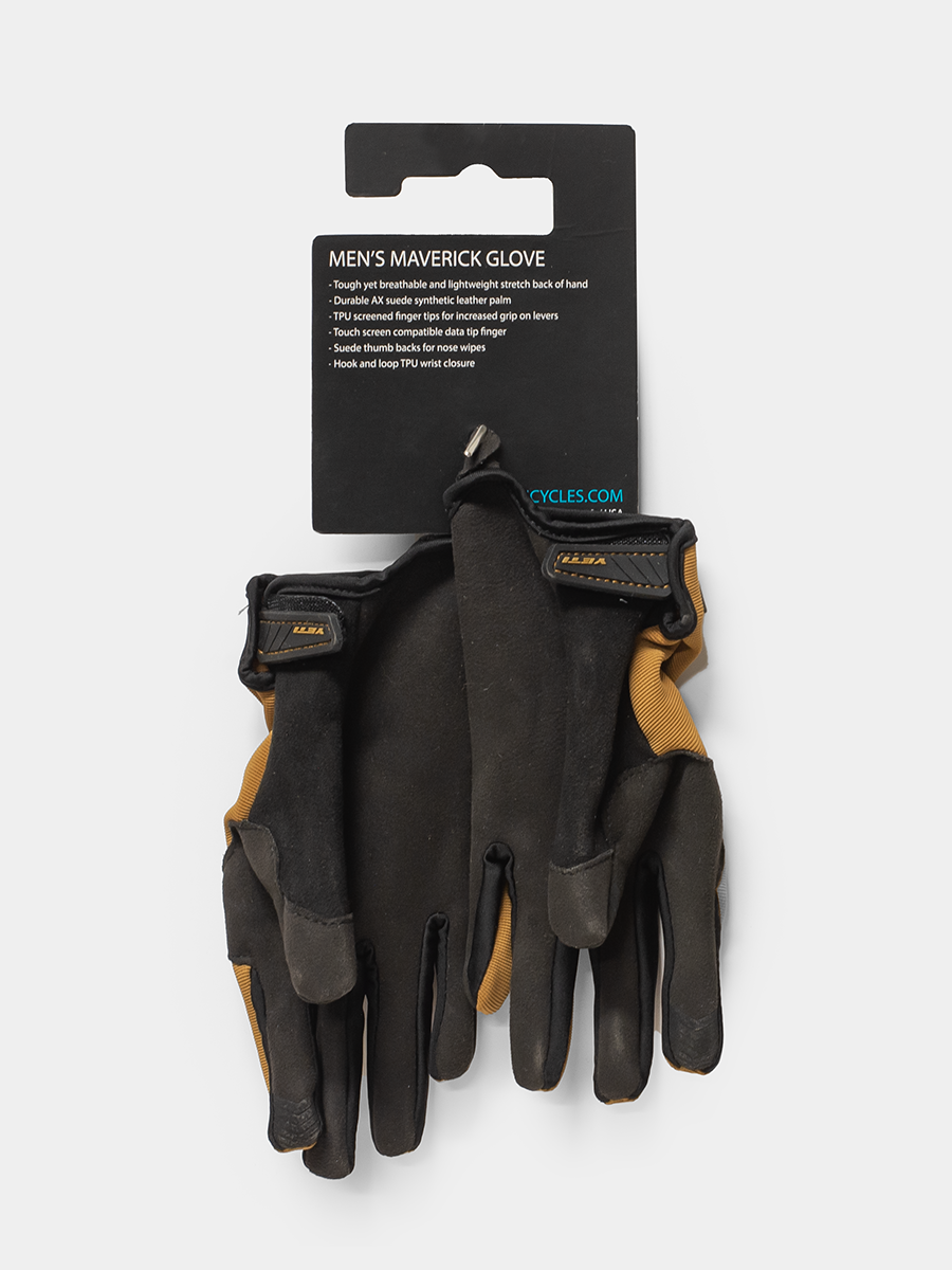 Pair of black and brown gloves with a product card on a white background