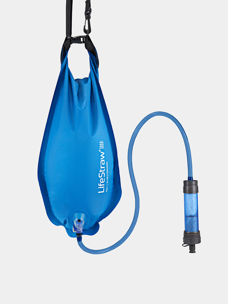 Blue LifeStraw gravity bag water filtration system on a light gray background