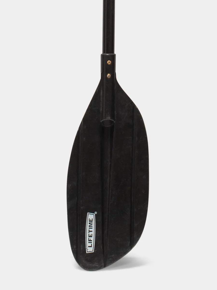 Detail view of Lifetime two-piece Lite Elite aluminum shaft kayak paddle with black asymmetrical polypropylene blades.