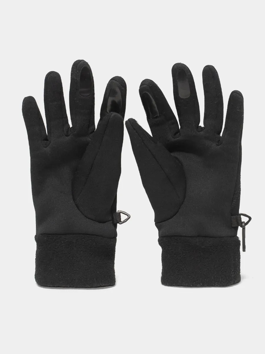 A pair of black gloves designed for touchscreen compatibility.