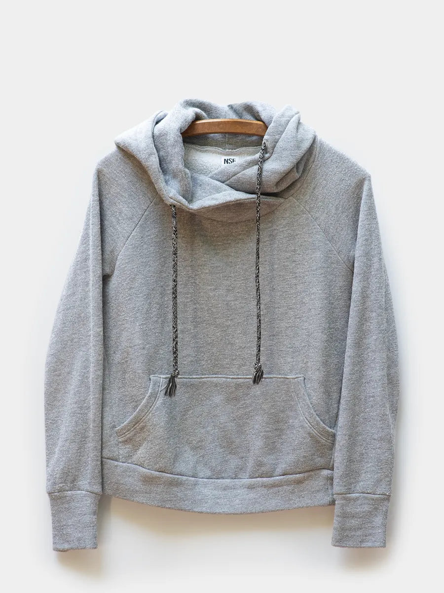 Front View of NSF Grey Hoodie with drawstrings on white background