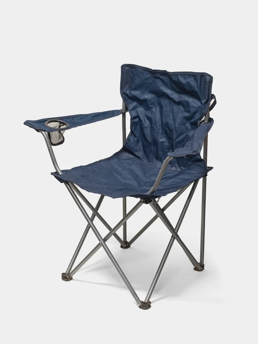 Blue folding chair with armrests on a white background