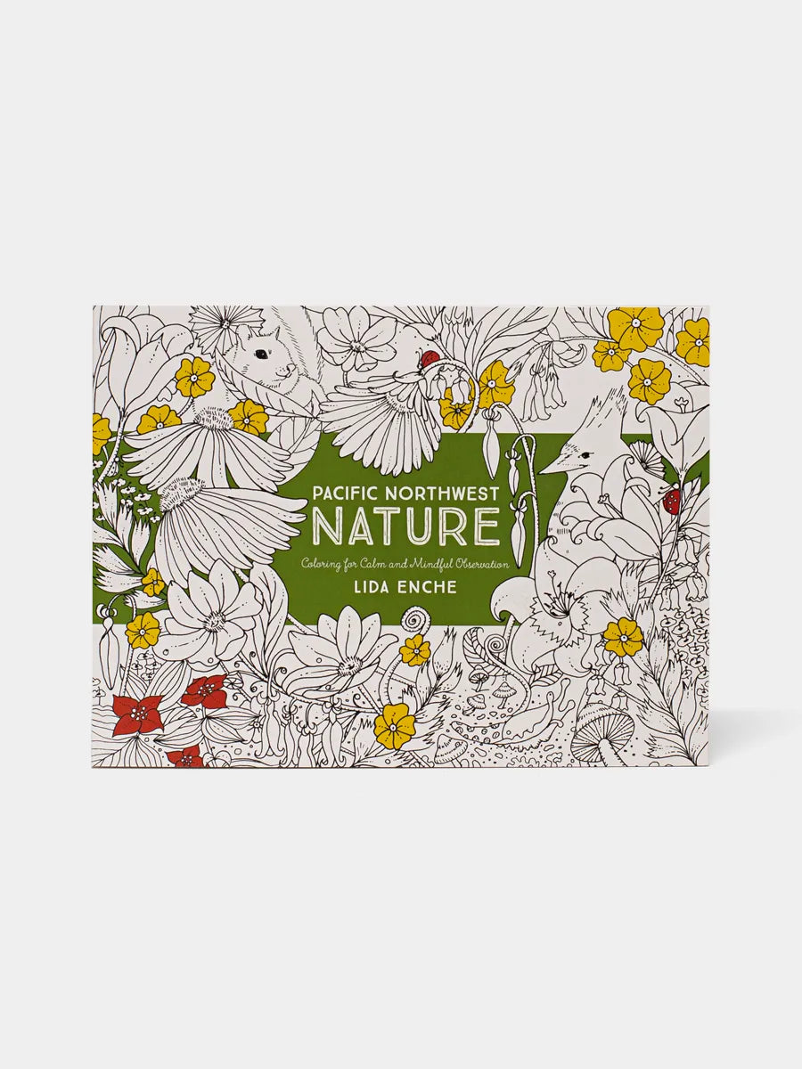 A coloring book with a green cover, featuring illustrations of various plants and flowers.