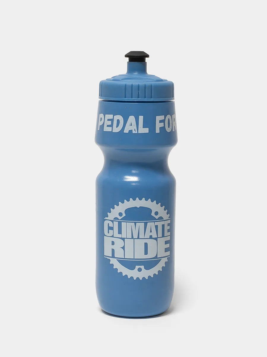Blue water bottle with 'Planet' and 'CLIMATE RIDE' text on a white background