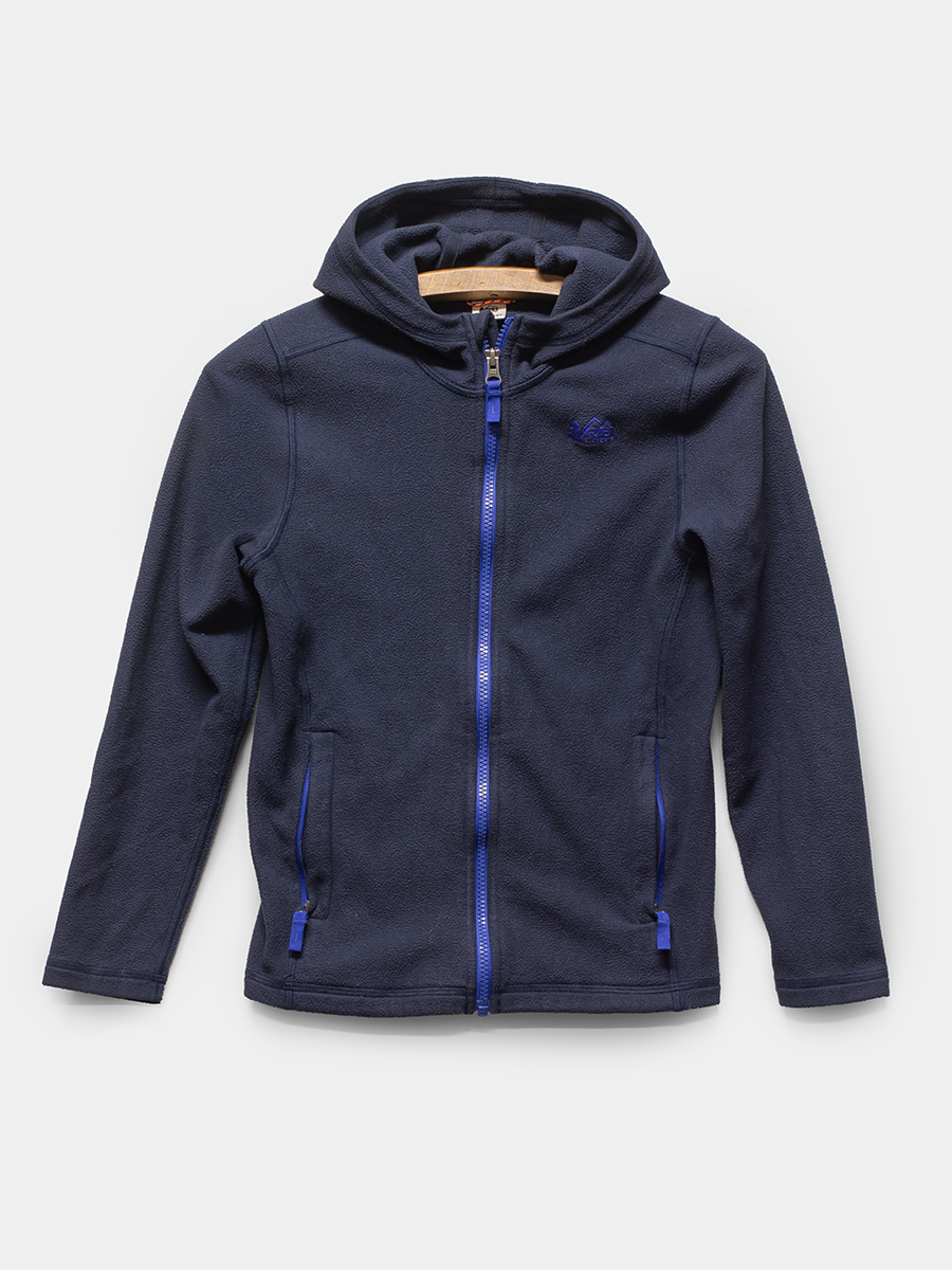 Navy blue jacket with a zipper on a light gray background