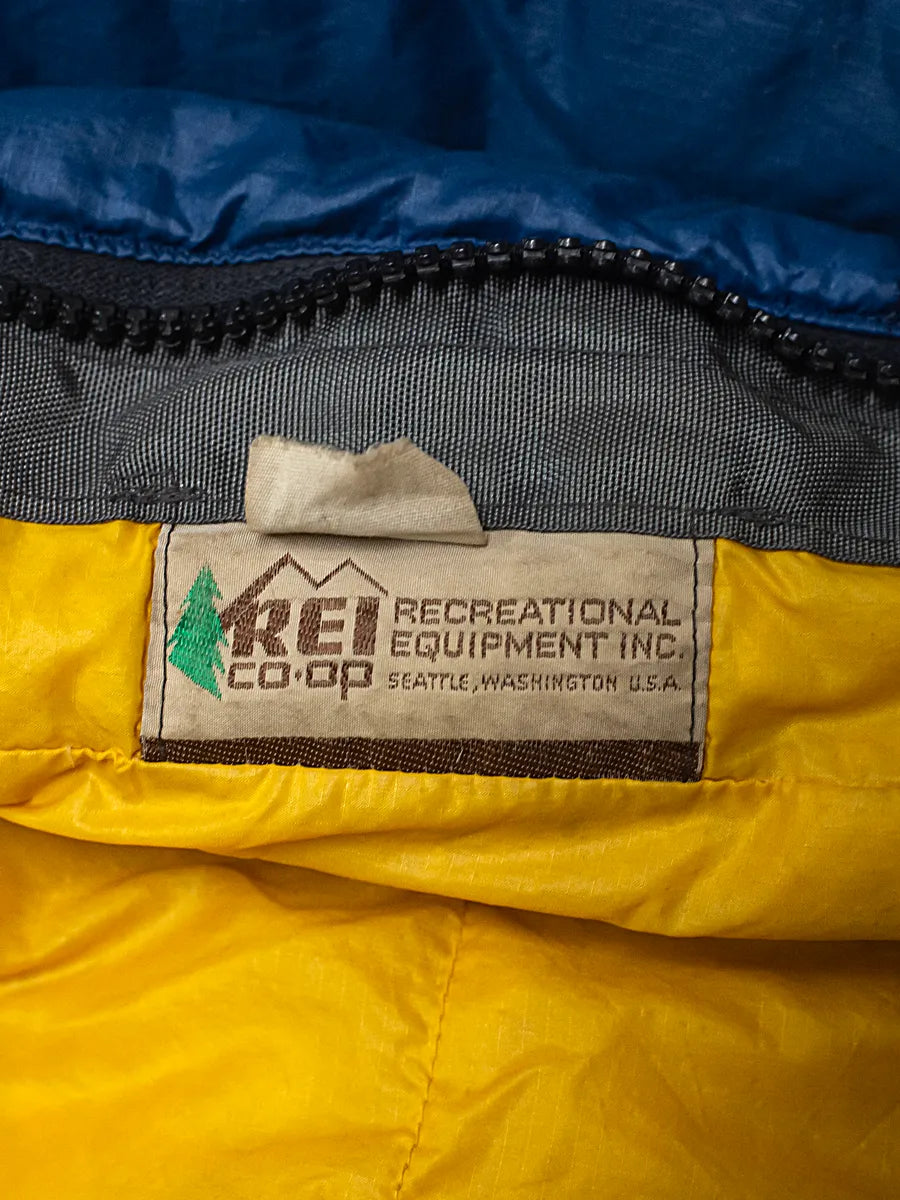 REI Blue and Yellow Sleeping Bag, Photo of sewn in label