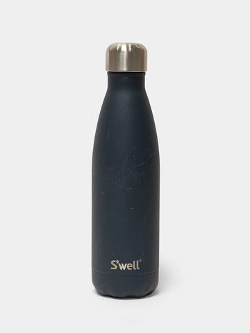 Black water bottle with a silver cap on a white background