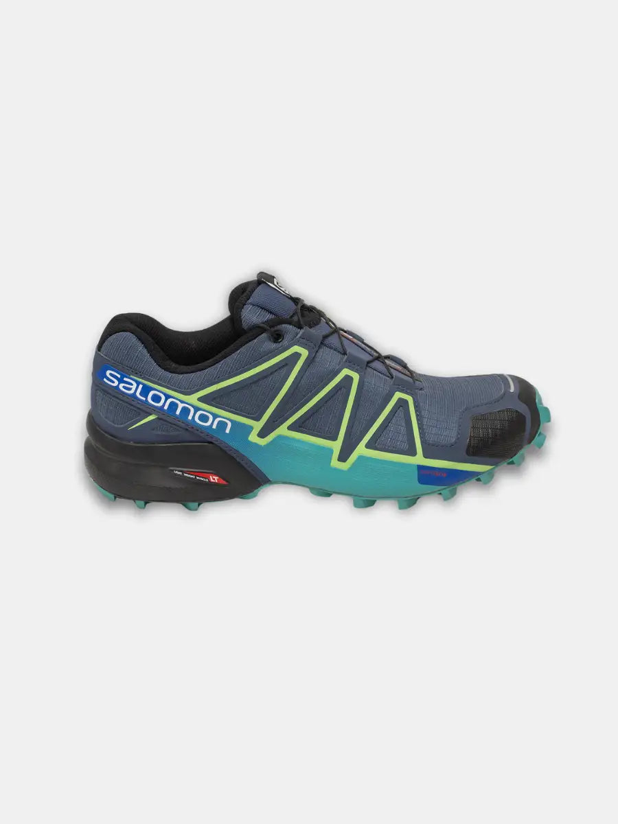 Side view of new Salomon Speedcross 4 women’s trail running shoes in navy with lime green accents and aqua soles, tags attached, on white background.
