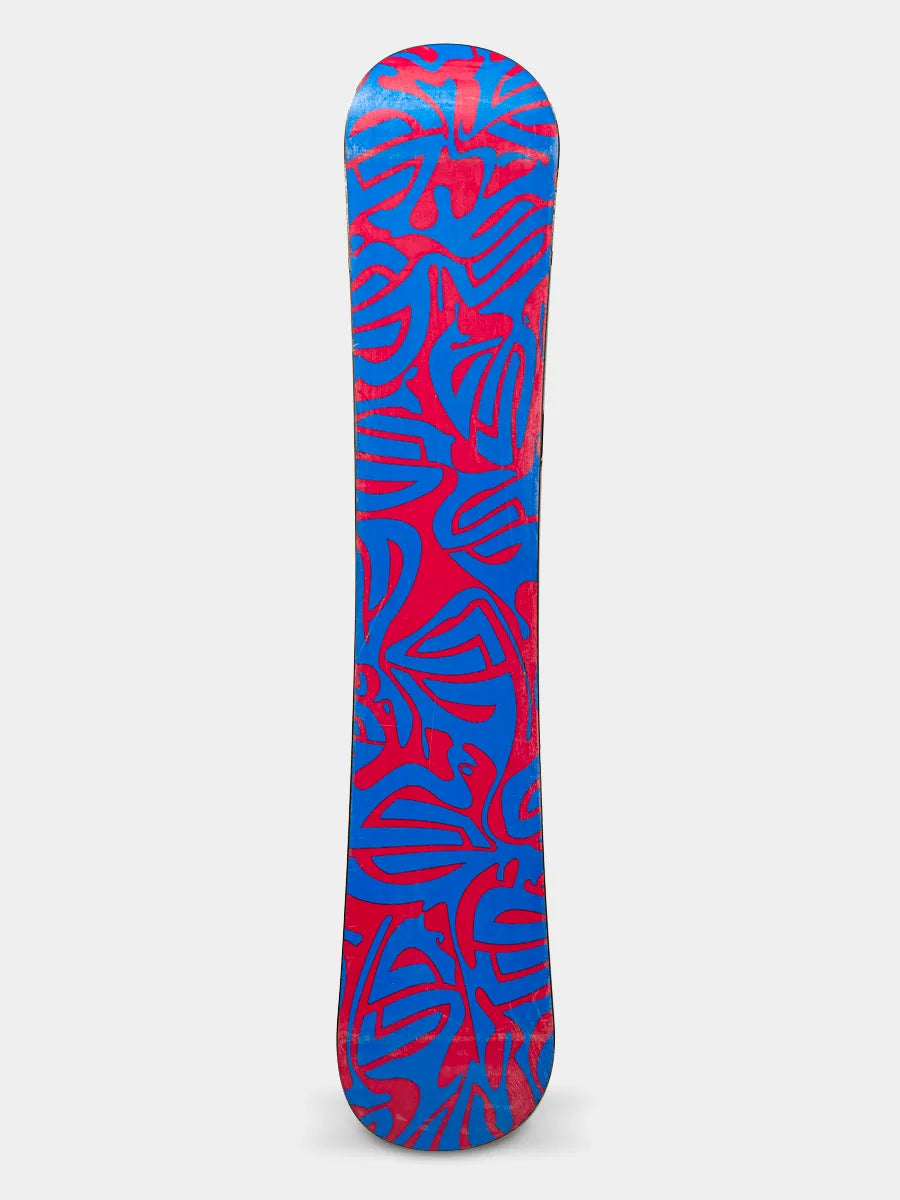 Santa Cruz Fusion TT snowboard 154cm with psychedelic red and blue base graphic, vintage all-mountain board in good condition.