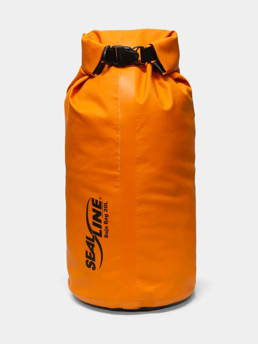 A bright orange dry bag with a black clip, branded with 'Seal Line'.