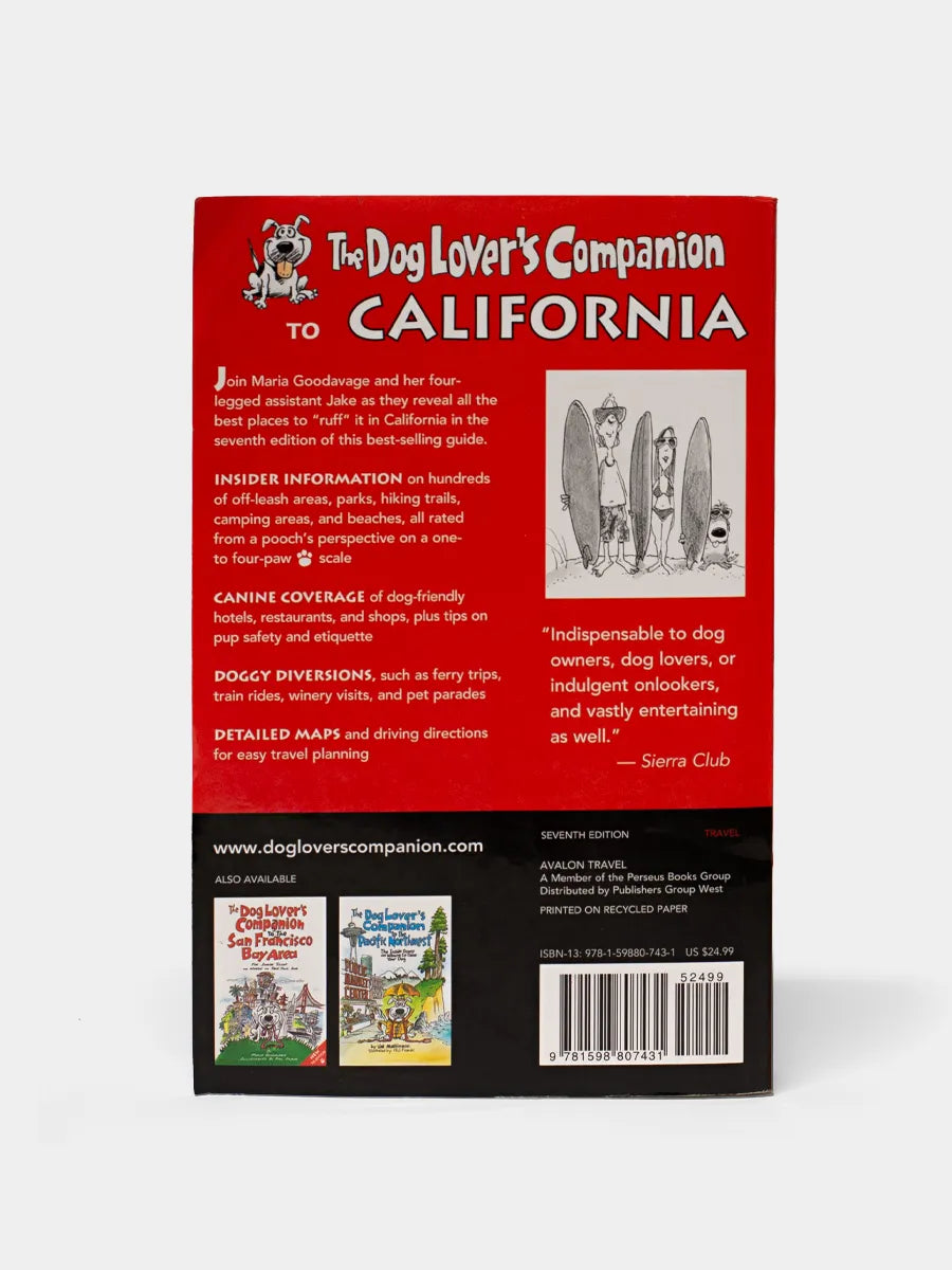Back cover image of a book titled 'The Dog Lover's Companion to California' featuring an illustration of a dog and a cactus.