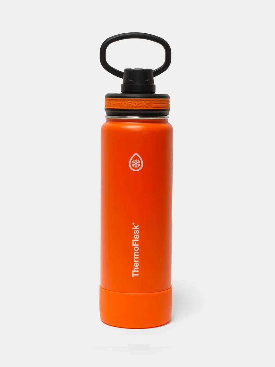 Orange ThermoFlask water bottle with black lid and handle on a white background